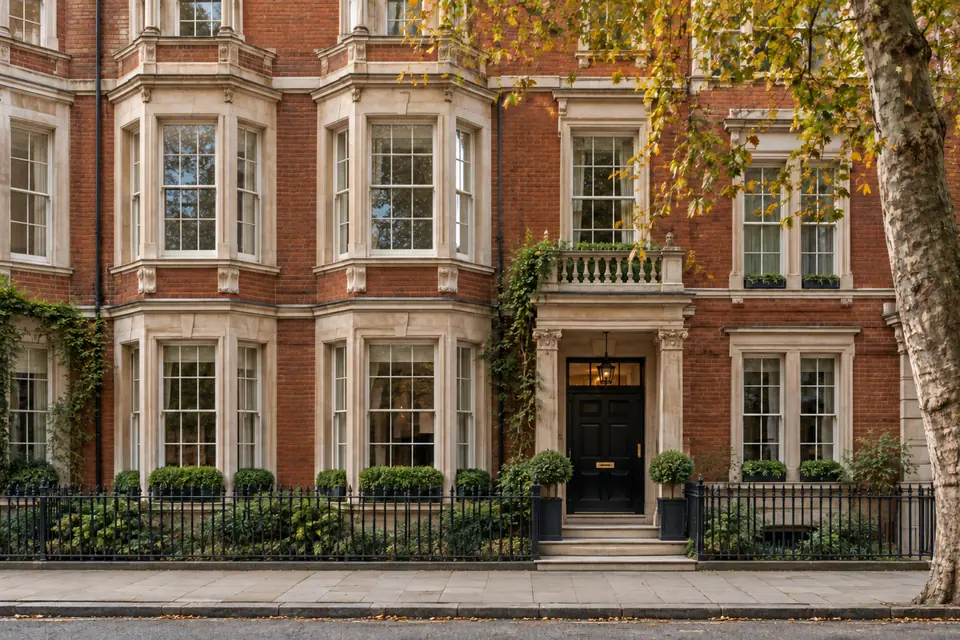 A red-brick residence with pale stone windows and black railings.
